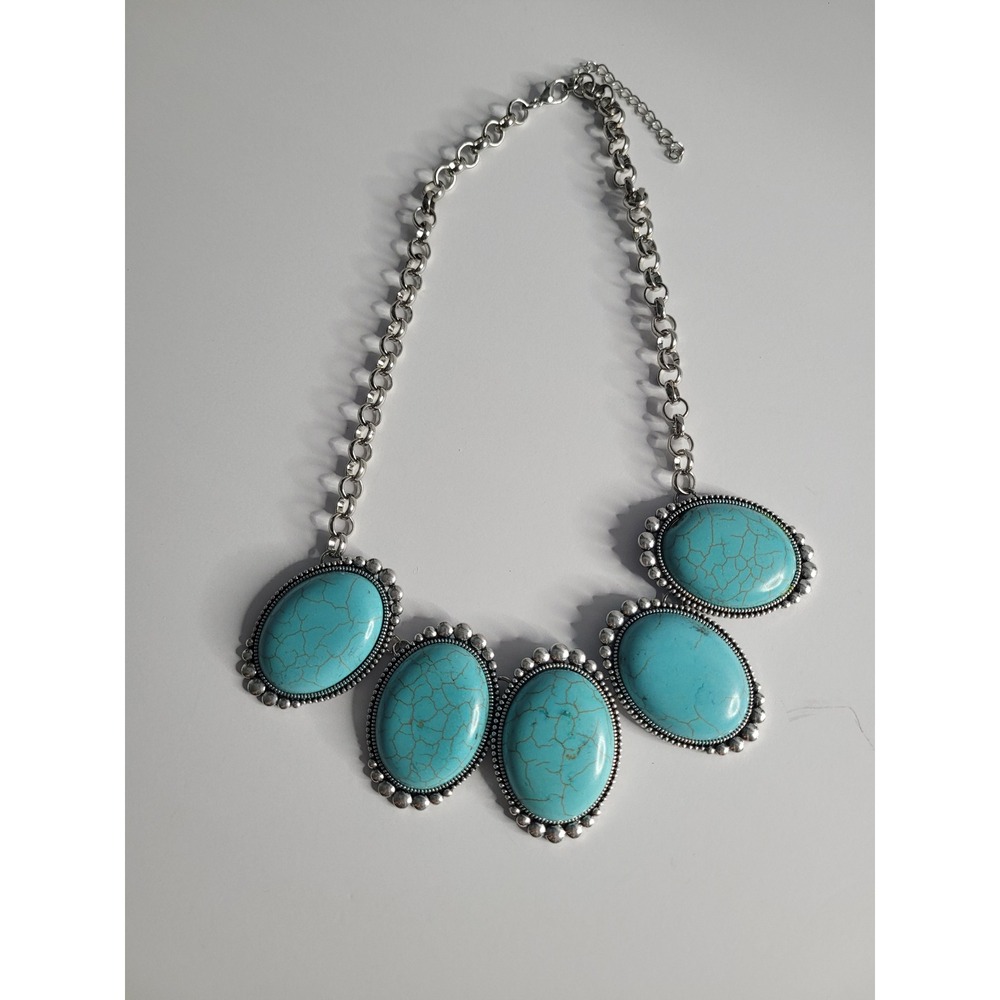 Silver Tone‎ Faux Turquoise Oval Stone Statement Bib Necklace Boho Southwestern